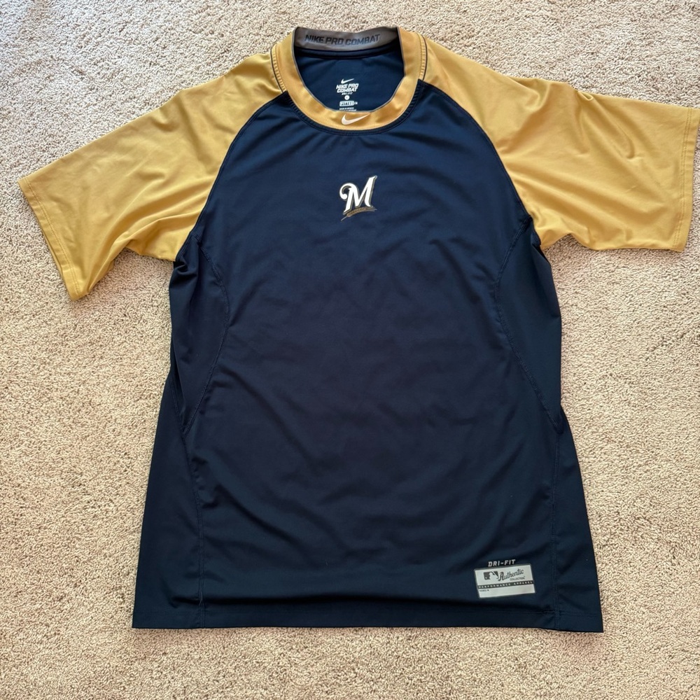 Nike MLB Milwaukee Brewers Pro Combat Dri-Fit Fitted performance Jersey Shirt L